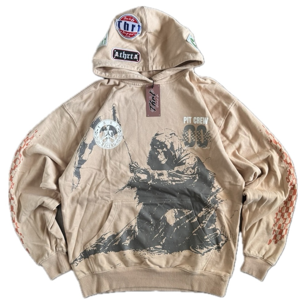 THRT “Pit Crew” Hoodie Tan Size Small Runs Large — Streetwear Graphic Hoodie
